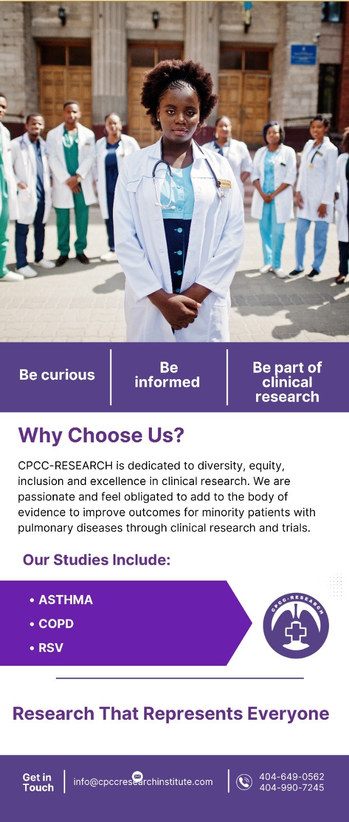 CPCC Research — Why Choose Us flyer. Be curious, be informed, be part of clinical research. We focus on Asthma, COPD, and RSV studies.